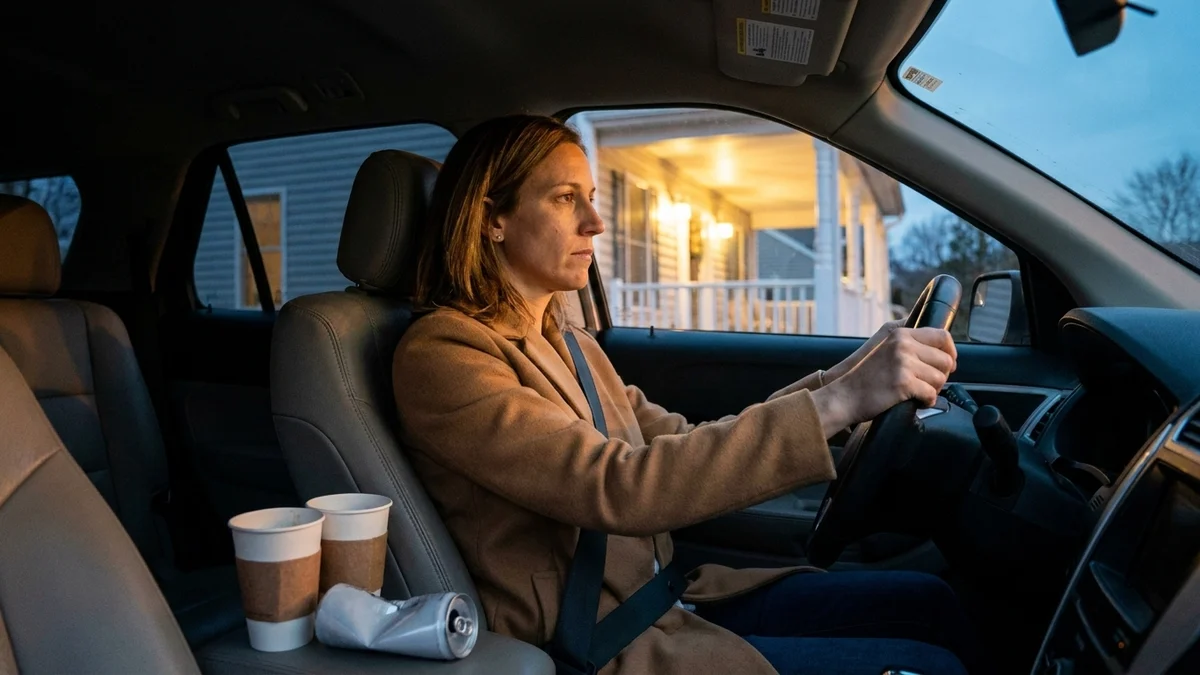 Sarah sitting shaken in her car in the driveway at dusk, empty coffee cups and an energy drink can on the passenger seat
