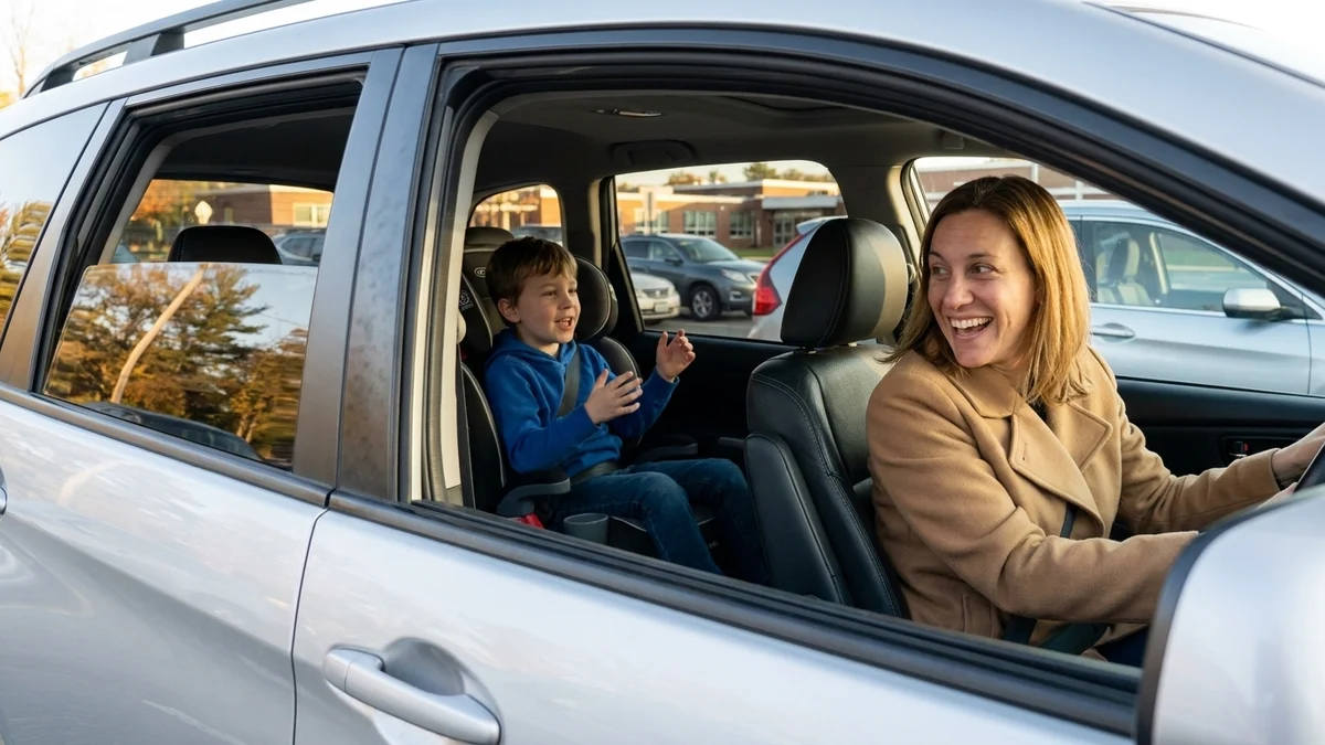 Sarah wide awake in the pickup line, laughing with her son in the back seat